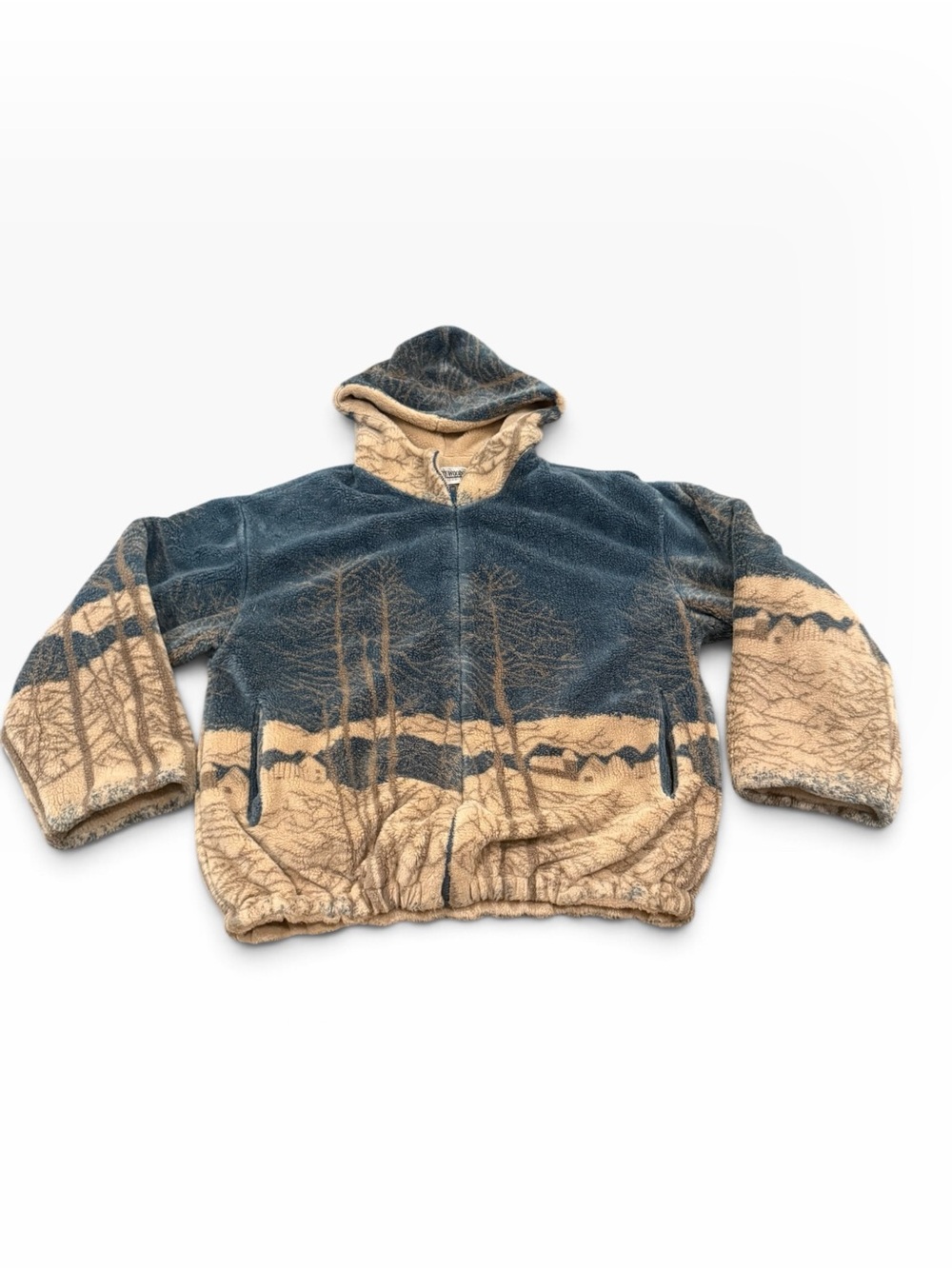 Country Woods Vintage Scenic Fleece Jacket Medium Hooded Cabin Trees Full Zip